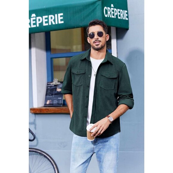 Coofandy Men Lake Green Corduroy Button Down Lightweight Jacket with Flap Pocket - Picture 2 of 5